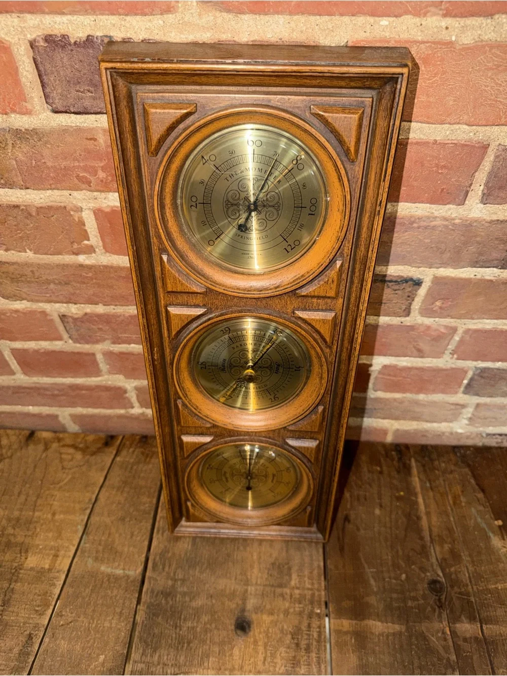 Springfield Weather Station Wood Wall Barometer Thermometer Hygrometer 70s Vtg